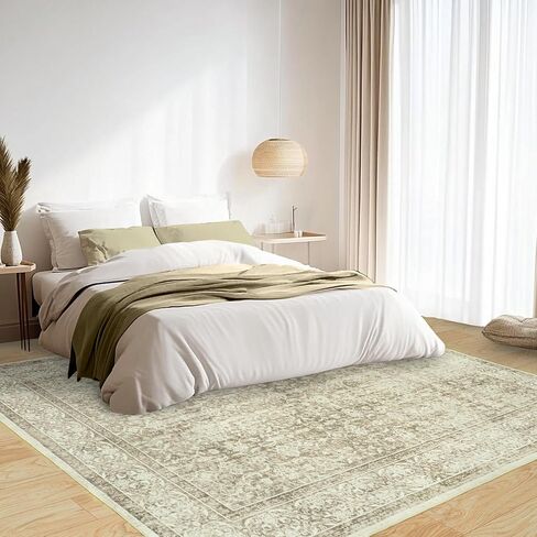 5x7 Large Vintage Floral Area Rug for Living Room Bedroom, Cream&Light Tan Washable Floral Printed Rug Soft Indoor Low Pile Boho Rug for Bedroom Non Slip Stain Resistant Dining Room Playroom Carpet in Saudi Arabia