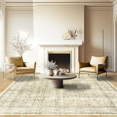 5x7 Large Vintage Floral Area Rug for Living Room Bedroom, Cream&Light Tan Washable Floral Printed Rug Soft Indoor Low Pile Boho Rug for Bedroom Non Slip Stain Resistant Dining Room Playroom Carpet in Saudi Arabia