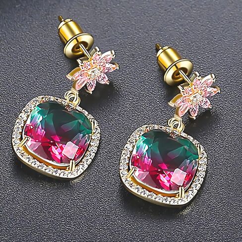 Colorful Tourmaline with Moissanite Floral Drop Earrings in 14K Gold for Women in Saudi Arabia