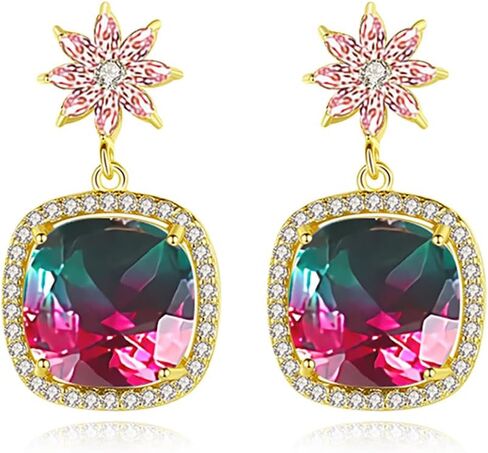 Colorful Tourmaline with Moissanite Floral Drop Earrings in 14K Gold for Women in Saudi Arabia