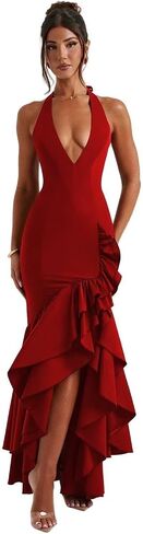Ruffles Satin Prom Dresses for Women Halter V Neck Bodycon Mermaid Hi-Low Cocktail Dress for Teens HRL32 in Saudi Arabia