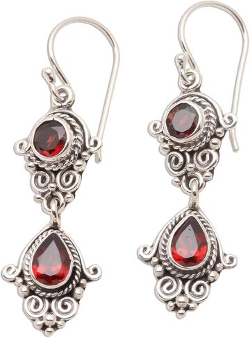 NOVICA Artisan Crafted Sterling Silver Garnet Dangle Earrings | Long French Wire Hook | Garnet Gemstone | Hypoallergenic Jewelry | Lead & Nickel Free | Indonesia 'Traditional Ways' 2" L x 0.5" W x in Saudi Arabia