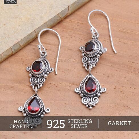 NOVICA Artisan Crafted Sterling Silver Garnet Dangle Earrings | Long French Wire Hook | Garnet Gemstone | Hypoallergenic Jewelry | Lead & Nickel Free | Indonesia 'Traditional Ways' 2" L x 0.5" W x in Saudi Arabia
