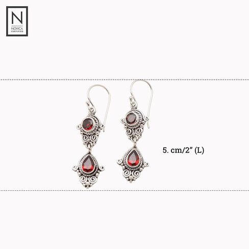 NOVICA Artisan Crafted Sterling Silver Garnet Dangle Earrings | Long French Wire Hook | Garnet Gemstone | Hypoallergenic Jewelry | Lead & Nickel Free | Indonesia 'Traditional Ways' 2" L x 0.5" W x in Saudi Arabia
