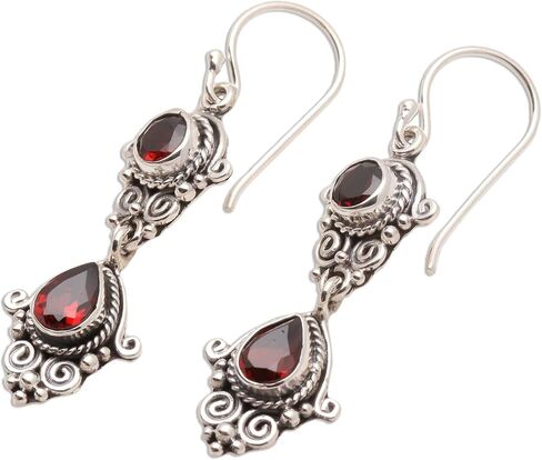 NOVICA Artisan Crafted Sterling Silver Garnet Dangle Earrings | Long French Wire Hook | Garnet Gemstone | Hypoallergenic Jewelry | Lead & Nickel Free | Indonesia 'Traditional Ways' 2" L x 0.5" W x in Saudi Arabia