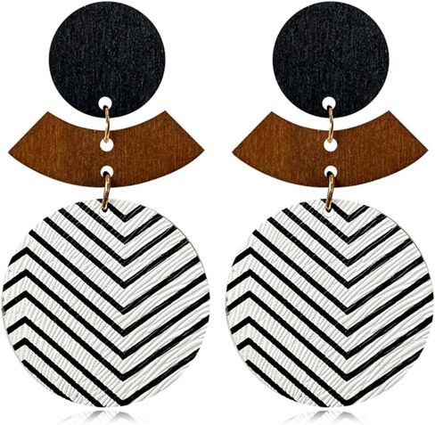 Wooden Earrings Unique Handmade Lightweight Black And White Round Geometry Earrings Vintage Bohemian Round Earrings for Women in Saudi Arabia