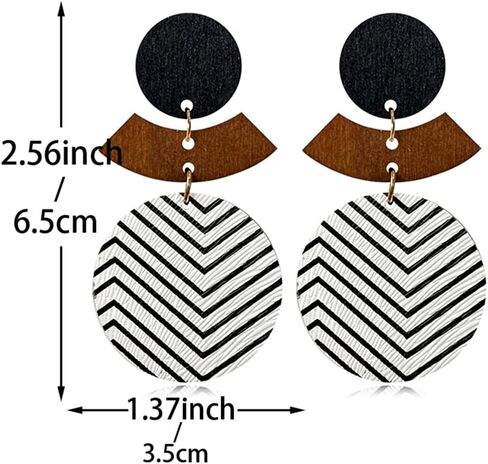 Wooden Earrings Unique Handmade Lightweight Black And White Round Geometry Earrings Vintage Bohemian Round Earrings for Women in Saudi Arabia