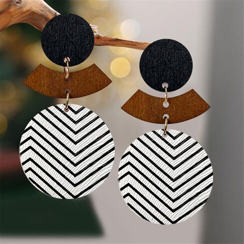 Wooden Earrings Unique Handmade Lightweight Black And White Round Geometry Earrings Vintage Bohemian Round Earrings for Women in Saudi Arabia