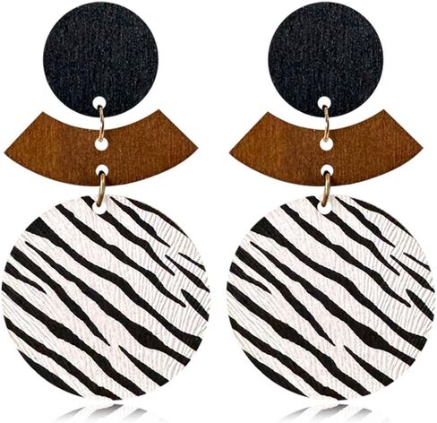 Wooden Earrings Unique Handmade Lightweight Black And White Round Geometry Earrings Vintage Bohemian Round Earrings for Women in Saudi Arabia