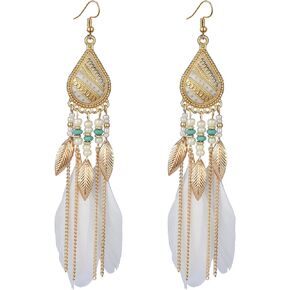 Faux Feather Earrings for Women Bohemian Tassel Long Earrings Feather Earrings for Women Dangling White Feather Earrings Jewelry Gift