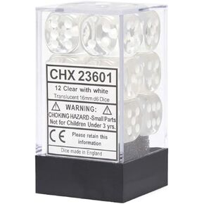 Chessex DND Dice Set-Chessex D&D Dice-16mm Translucent Clear and White Plastic Polyhedral Dice Set-Dungeons and Dragons Dice ludes 12 Dice – D6, Various (CHX23601)