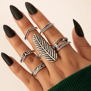Missgrace 6Pcs Vintage Leaf Knuckle Rings Set Stackable Halloween Finger Rings Midi Rings for Women Bohemian Carved Silver Rings Crystal Joint Rings for Women and Girls