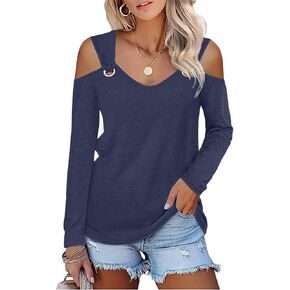 Womens Fashion Cold Shoulder Tops V Neck Navy Blue Blouse Tunic Shirts Summer Long Sleeve T Shirts in Kuwait
