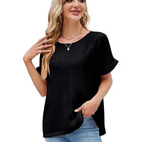 Womens Crew Neck Tunic Short Sleeve Loose Fit Cotton Linen Casual Cozy Shirt
