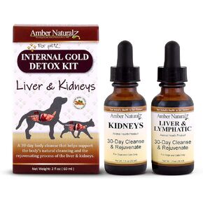 Amber NaturalZ Internal Gold Detox Kit Herbal Supplement Kit for Dogs and Cats | Pet Supplements for Kidney and Liver Support | 2 Amber Glass Bottles (1 fl oz Each) | Manufactured in The USA