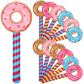 12 Pcs Inflatable Donut Lollipop Assorted Inflatable Donut Shaped Suckers Donut Themed Birthday Party Decoration Inflatable Candy Balloons Props Favors for Swimming Pool, 4 Styles (Donut Lollipop)