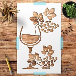 Wine Glass with Grapes Stencil 1-5x8 inch Custom Cut Reusable Stencil Drawing Template Flexible Clear Plastic Sheets 0.15mm Thick SL-1570