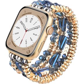 V-MORO Beaded Bracelet Band Compatible for Apple Watch Bands 38mm/40mm/41mm/42mm/44mm/45mm Women, Dressy Fancy Crystal Elastic Stretchy Strap for iwatch Series 8/7/SE/6/5/4/3/2/1 Rose Gold