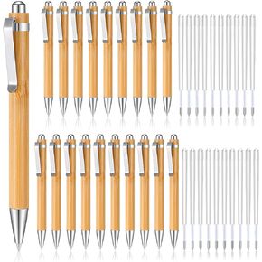 Fainne Bamboo Pens Bulk Wood Natural Engraving Retractable Bamboo Pen with Extra Black Ink Refills Ballpoint Pen(20 Pcs)