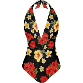 Women V Neck One Piece Swimsuit Halter Backless Ruched Tummy Control Bathing Suit S-3XL