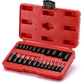 EMENTOL 25PCS Torx Bit Socket Set-Torx and External Socket Set, 1/4", 3/8" and 1/2" Drive, CR-V & S2, 13 Star Socket Bits and 12 Female E-Torx Sockets