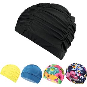 5 Pcs Fashion Pleated Swimming Cap Long Hair Swim Cap Bathing Cap,Large Swimming caps for Women,Non-Waterproof