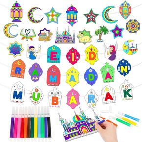 HOWAF 5pcs Eid Mubarak Ramadan Mubarak Coloring Banner with 24 Paint Pens, Ramadan Kareem Moon Star Castle Coloring Bunting Banner, Eid Holiday Party Favors Coloring Hanging Banner