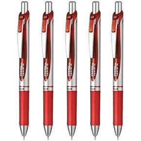 Pentel Energel Retractable Ballpoint Pen(BLN75Z-B), Extra Fine Point 0.5mm Needle Tip, Red Ink, Silver Body, Value Set of 5