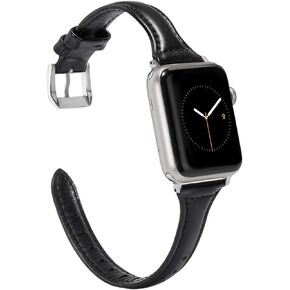 Wearlizer Black Slim Leather Compatible with Apple Watch Bands 38mm 40mm 41mm for iWatch SE Women Men Thin Straps Thin Wristband Simple Cute Replacement (Silver Metal Clasp) Series 9 8 7 6 5 4 3 2 1
