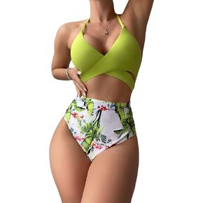 MakeMeChic Women's Tropical Print Halter Cross Wrap Cut Out One Piece Swimsuit Monokini Bathing Suit