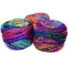 Recycled Sari Silk Yarn, Multi-Color Pure Silk Yarn, Made from Handspun Used Sari Fabric Ribbon Scraps, Rainbow Yarn for Knitting, Weaving & Crocheting 100 Grams per Ball (2-Pack)