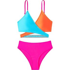 OYOANGLE Girl's 2 Piece Color Block Criss Cross Wrap Bikini Swimsuit High Cut Bathing Suit Swimwear