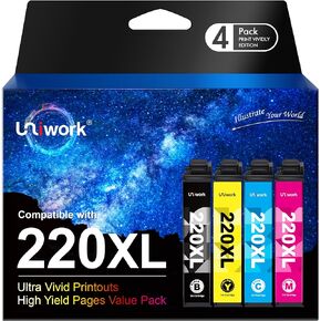 Uniwork Remanufactured Ink Cartridge Replacement for Epson 220 220XL use for Workforce WF-2760 WF-2750 WF-2630 WF-2650 WF-2660 XP-320 XP-420 Printer (1 Black 1 Cyan 1 Magenta 1 Yellow), 4 Pack