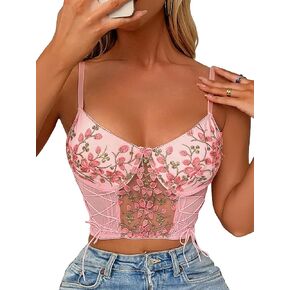 WDIRARA Women's Lace Up Floral Eombroidery Underwire Longline Mesh Bra Bralette
