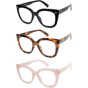 AMOMOMA Trendy Square Reading Glasses for Women, Oversized Blue Light Womens Computer Readers Black Retro Frame AM6127