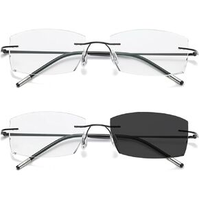 Photochromic Men's Multifocal Reading glasses Clear Trimming lens Rimless Reader