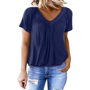 Women's Casual Summer T Shirts Blouse Short Sleeve V Neck Tops Loose Flowy Fashion 2024 Basic Tshirts Pleated