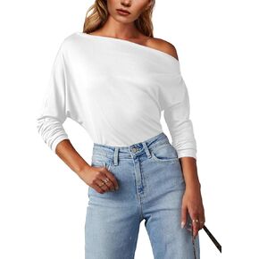 Womens Sexy One Shoulder Asymmetrical Neck Y2K Loose Shirt Long Sleeve Going Out Tunics Blouse