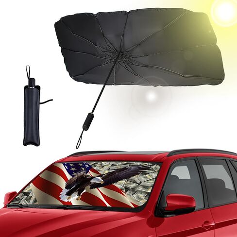 Umbrella Sunshades for Car, USA Flag Eagle Dollar Car Windshield Sun Shade Umbrella for SUV Sedan Truck-Block UV Rays Reflector Umbrella with Storage Bag-55"x31" in Saudi Arabia
