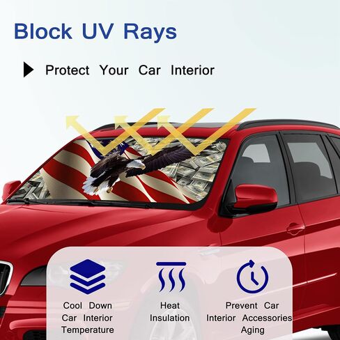 Umbrella Sunshades for Car, USA Flag Eagle Dollar Car Windshield Sun Shade Umbrella for SUV Sedan Truck-Block UV Rays Reflector Umbrella with Storage Bag-55"x31" in Saudi Arabia