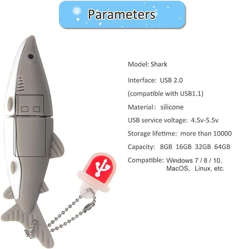 محرك فلاش USB سعة 32 جيجابايت على شكل قرش رمادي لطيف محرك أقراص USB محركات أقراص الإبهام USB 2.0 عصا ذاكرة لتخزين البيانات الخارجية in Saudi Arabia