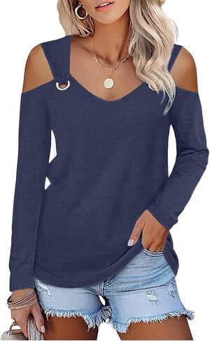 Womens Fashion Cold Shoulder Tops V Neck Navy Blue Blouse Tunic Shirts Summer Long Sleeve T Shirts in Kuwait