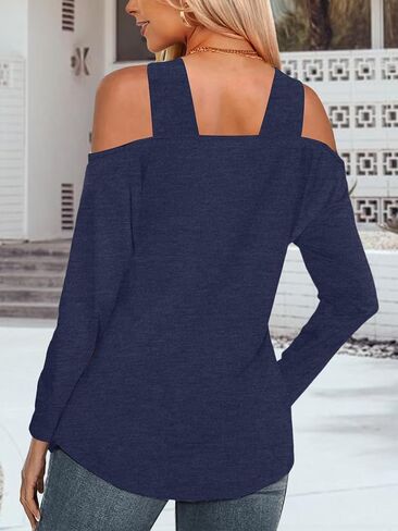 Womens Fashion Cold Shoulder Tops V Neck Navy Blue Blouse Tunic Shirts Summer Long Sleeve T Shirts in Kuwait