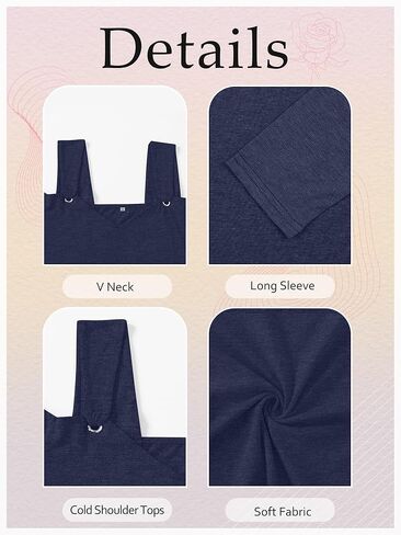 Womens Fashion Cold Shoulder Tops V Neck Navy Blue Blouse Tunic Shirts Summer Long Sleeve T Shirts in Kuwait