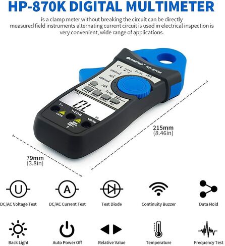 مقياس المشبك الرقمي، HOLDPEAK HP-870K AC/DC مقياس أمبير التيار 4000 مقياس متعدد المدى تلقائيًا لقياس التيارات الصغيرة (4000 مللي أمبير ~ 30 أمبير، 1 مللي أمبير)، اختبار الصمام الثنائي لتردد درجة الحرارة وسعة المقاومة in Saudi Arabia