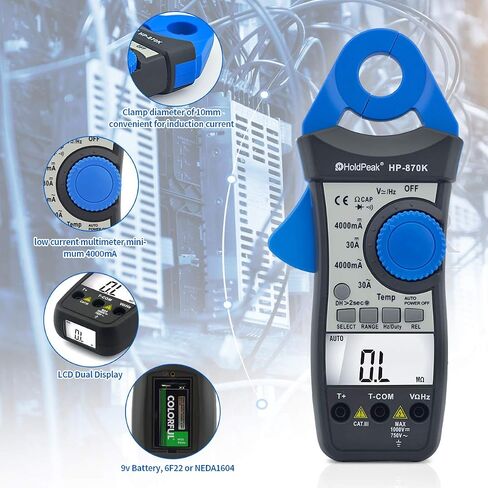 مقياس المشبك الرقمي، HOLDPEAK HP-870K AC/DC مقياس أمبير التيار 4000 مقياس متعدد المدى تلقائيًا لقياس التيارات الصغيرة (4000 مللي أمبير ~ 30 أمبير، 1 مللي أمبير)، اختبار الصمام الثنائي لتردد درجة الحرارة وسعة المقاومة in Saudi Arabia