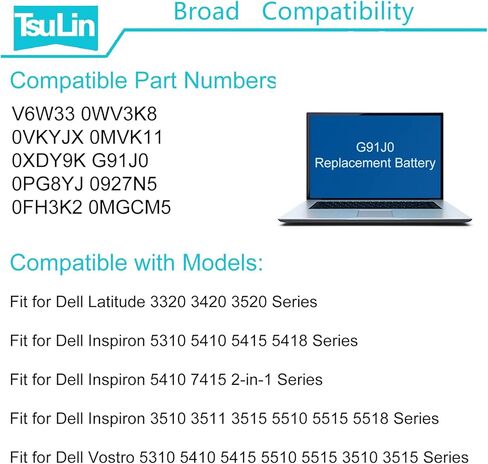 بطارية كمبيوتر محمول G91J0 متوافقة مع Dell Latitude 3320 3420 3520 Inspiron 5410 5418 3510 3511 3515 5515 Vostro 5510 5515 Series V6W33 0WV3K8 0VKYJX 0MVK11 0XDY9K 0PG8YJ 0927N5 0MGCM 5 0FH3K2 in Kuwait
