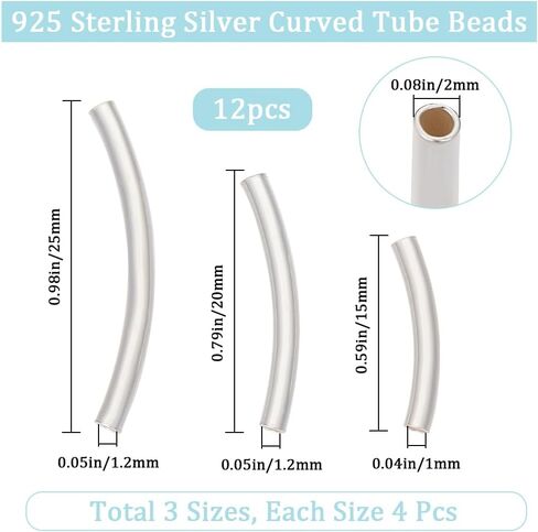 Beebeecraft 1 Box 12Pcs Curved Tube Beads 925 Sterling Silver 3 Size Curved Column Noodle Loose Spacer Beads for DIY Bracelet Necklace Jewellery Making in Saudi Arabia