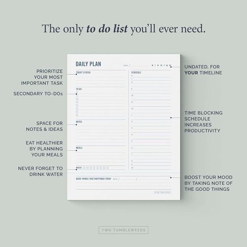 لوحتان للتخطيط اليومي من Tumbleweeds - قائمة المهام - مفكرة مقاس 8.5 × 11 بوصة - منظم - مخطط أكاديمي وعمل - مجلة - مخطط وجبات - مخطط صندوق الوقت - دفاتر ملاحظات للعمل والمدرسة - 50 ورقة in Kuwait