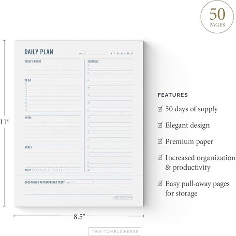 لوحتان للتخطيط اليومي من Tumbleweeds - قائمة المهام - مفكرة مقاس 8.5 × 11 بوصة - منظم - مخطط أكاديمي وعمل - مجلة - مخطط وجبات - مخطط صندوق الوقت - دفاتر ملاحظات للعمل والمدرسة - 50 ورقة in Kuwait